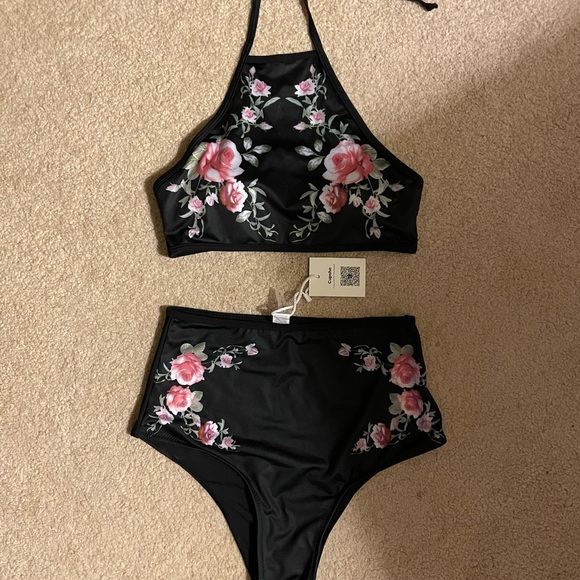 NWT Cupshe Black Floral High Waisted Bikini Size Small. - Picture 5 of 13